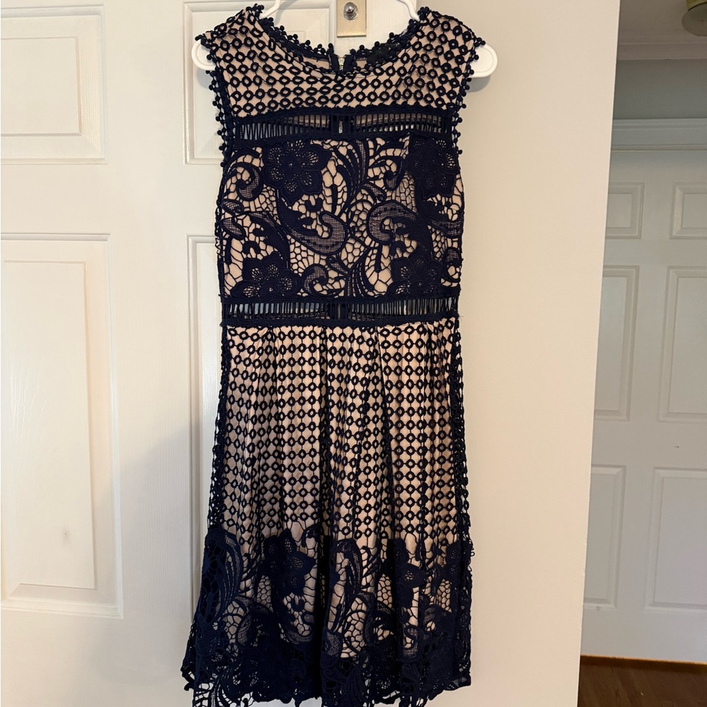Aqua Navy and Nude Lace Wedding Guest Dress